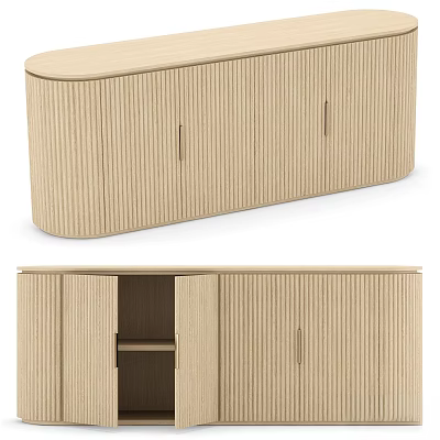 Modern Wooden Dresser With Vertical Stripe Design Multiple Doors And Open Inner Shelves 3d model