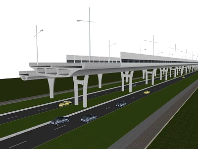 Elevated Road Infrastructure Featuring Piers Street Lamps Multiple Lanes and Vehicles 3d model