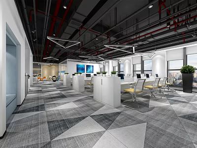 Modern Public Office Space Interior Design With Geometric Floor And Green Plants 3d model