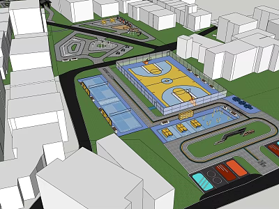 Urban Landscape Design With Basketball Court Water Features Pathways And Green Spaces 3d model