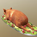 Whole Roasted Pig Garnished with Lemon Slices and Fresh Vegetables on Platter