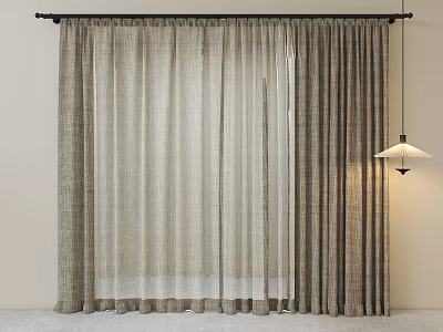 Double Layer Sheer Linen Curtains With Beige Minimalist Design For Living Room 3d model