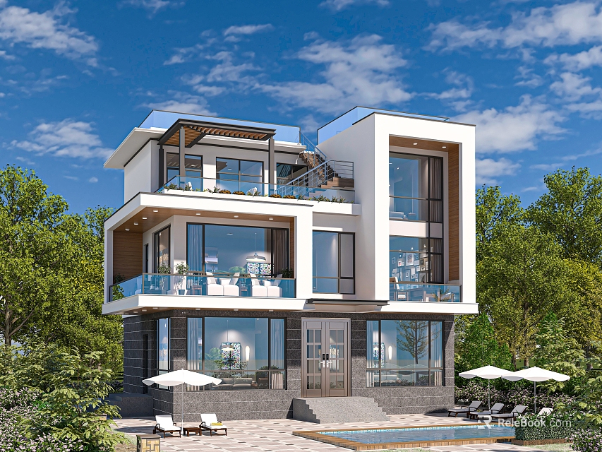 Modern Detached Villa With Large Windows Balconies Swimming Pool Greenery Umbrellas And Lounge Chairs 3d model 