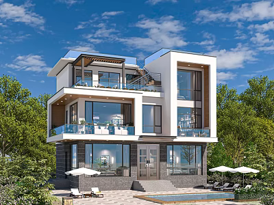 Modern Detached Villa With Large Windows Balconies Swimming Pool Greenery Umbrellas And Lounge Chairs 3d model