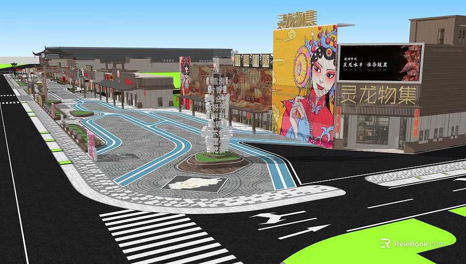 Commercial Street Landscape With Peking Opera Billboard Sculpture And Curved Road 3d model 