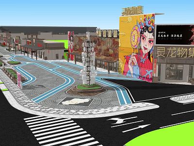 Commercial Street Landscape With Peking Opera Billboard Sculpture And Curved Road 3d model