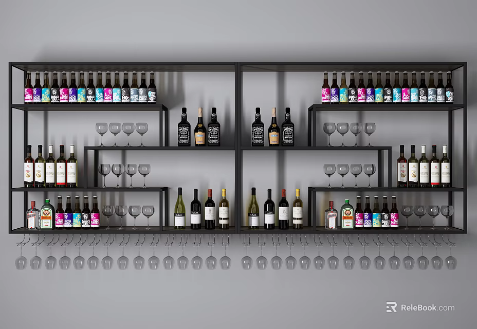 Modern Wine Cabinet With Multi Tiered Shelves Holding Various Wine Bottles And Glasses 3d model 