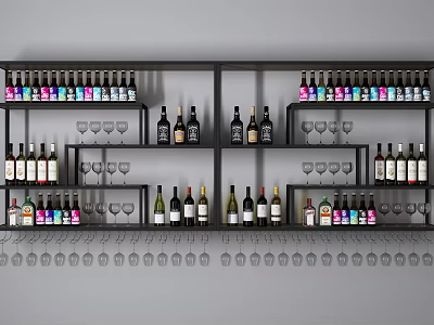 Modern Wine Cabinet With Multi Tiered Shelves Holding Various Wine Bottles And Glasses 3d model