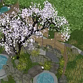 Japanese Onsen Hot Spring Pool With Rocks And Red Leaf Trees