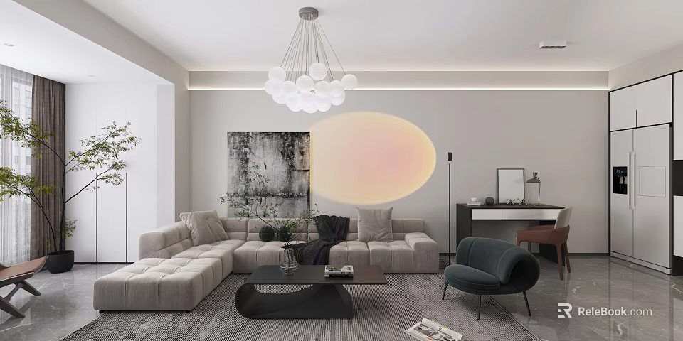 Modern Living Room Interior Design With Sectional Sofa Chandelier Artwork And Coffee Table 3d model 