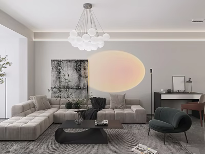 Modern Living Room Interior Design With Sectional Sofa Chandelier Artwork And Coffee Table 3d model