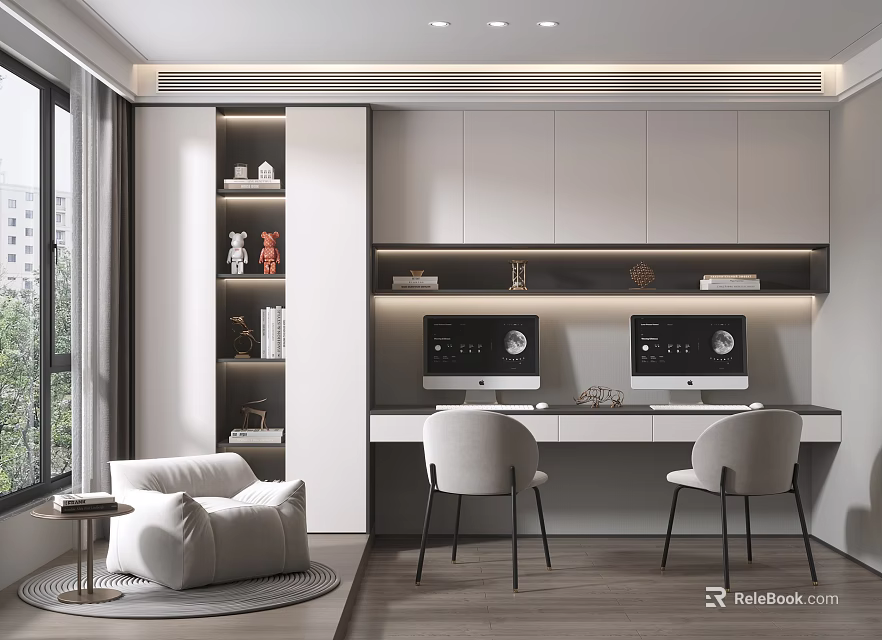 Modern Home Office Interior With Double Computer Monitors Two Chairs Bookshelf And Large Window 3d model