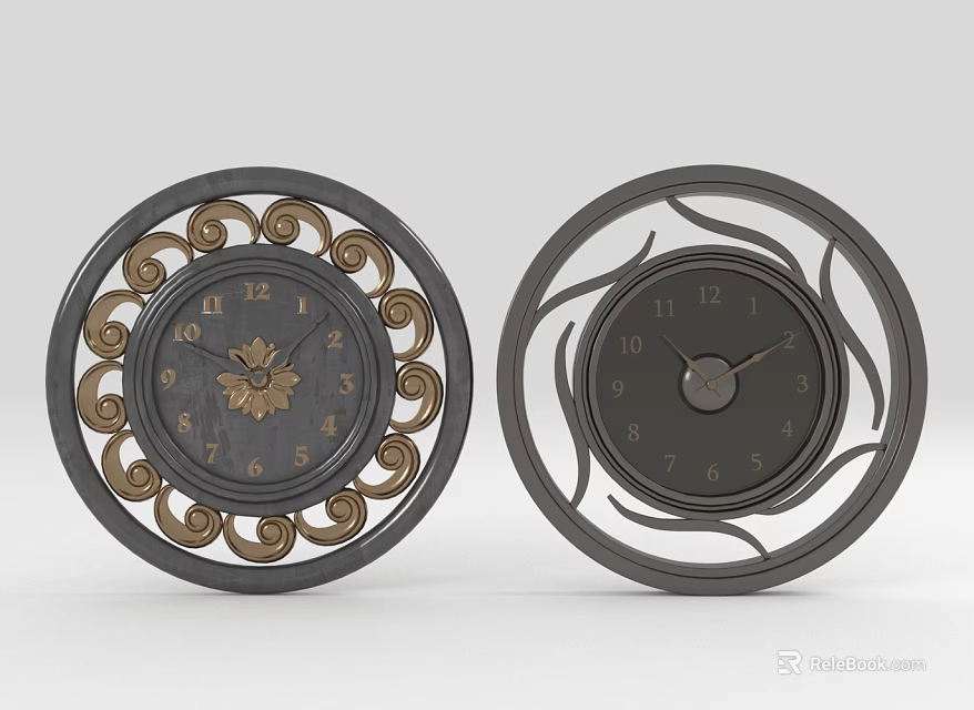 Two Stylish Wall Clocks With Decorative Gold Accents And Minimalist Black Design 3d model 