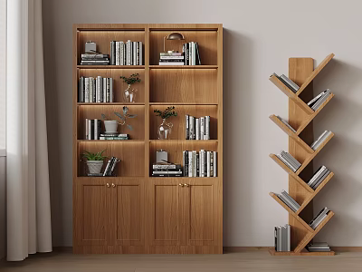 Wooden Bookcases With Stacked Books Decorative Items And Wall Mounted Corner Shelf 3d model
