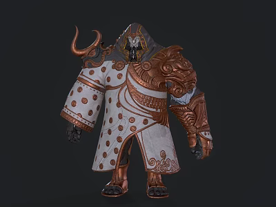 Game Fantasy Character With Horned Headpiece Ornate Robe Armored Shoulders Intricate Patterns Mythical Design Elements 3d model