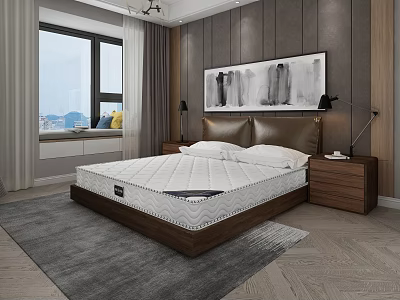 Background Double Bed with Bedside Tables Table Lamps Wall Painting Window Curtains Wooden Floor Rug 3d model