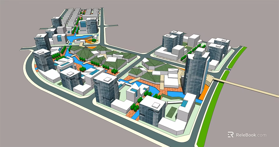 Modern Office Buildings In Urban Planning With Green Spaces And Water Features 3d model 