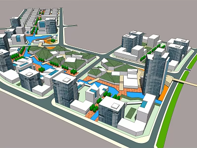 Modern Office Buildings In Urban Planning With Green Spaces And Water Features 3d model