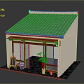 Traditional House Structure With Blue Tiled Roof Wooden Porch And Courtyard Elements
