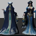 Elegant Women In Elaborate Blue Robes And Purple Dresses With Golden Decorations And Lanterns
