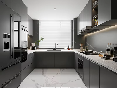 Elegant Modern Kitchen Interior With Gray Cabinets Marble Countertop And Appliances 3d model
