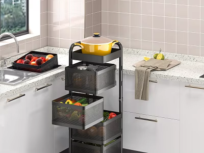 Multi tier Kitchen Storage Rack with Mesh Baskets Holding Fruits Vegetables and Pot Near Countertop 3d model