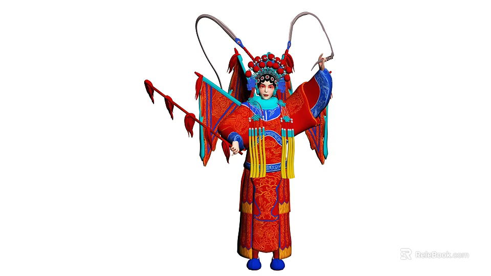 Woman in Traditional Chinese Opera Red Costume With Elaborate Headdress And Decorated Rods 3d model 