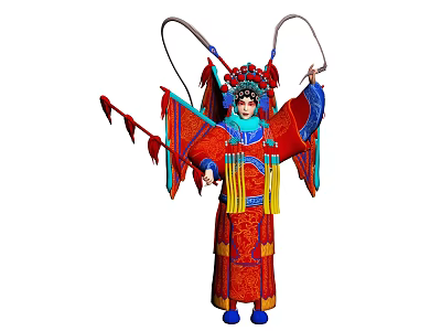 Woman in Traditional Chinese Opera Red Costume With Elaborate Headdress And Decorated Rods 3d model