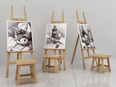 Decorative Wall Decor With Three Wooden Easels Still Life Sketches And Small Stools 3d model