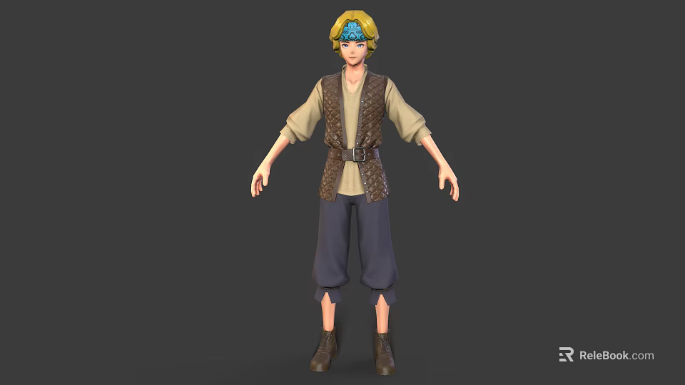 Adventurous Character With Blonde Hair Blue Headpiece Vest Long Sleeve Shirt And Baggy Pants Boots 3d model 
