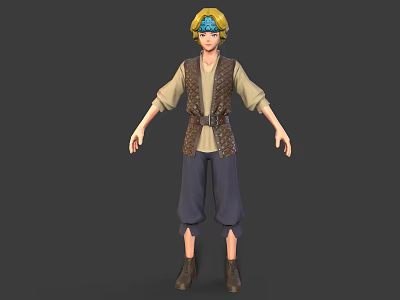Adventurous Character With Blonde Hair Blue Headpiece Vest Long Sleeve Shirt And Baggy Pants Boots 3d model