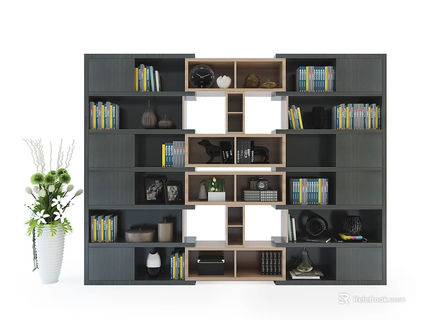 Modern Bookcase Interior Design With Multiple Shelves Books Decorative Items And Storage 3d model