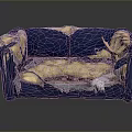 Old Blue Sofa With Torn Fabric Exposing Yellow Stuffing And Worn Edges