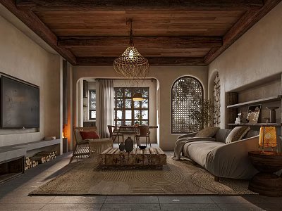 Rustic Living And Dining Room Interior With Wooden Ceiling Chandelier Sofa Coffee Table Arched Windows 3d model