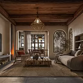 Rustic Living And Dining Room Interior With Wooden Ceiling Chandelier Sofa Coffee Table Arched Windows