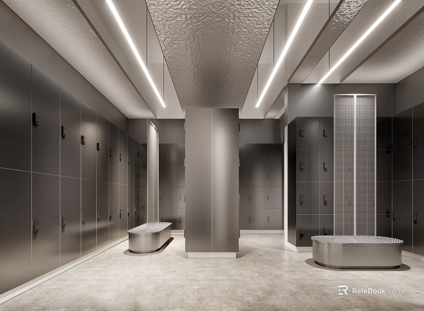 Modern Locker Room Interior With Metal Lockers Bench And Lighting 3d model