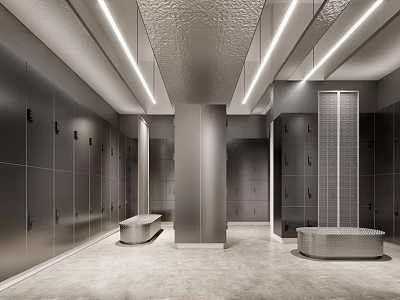 Modern Locker Room Interior With Metal Lockers Bench And Lighting 3d model