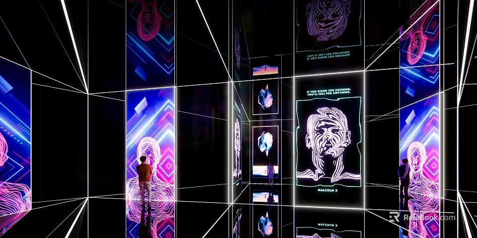 Neon Light Illuminated Cubes With Patterns Texts And Human Figure In Dark Space 3d model