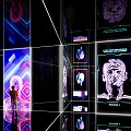 Neon Light Illuminated Cubes With Patterns Texts And Human Figure In Dark Space 3d model