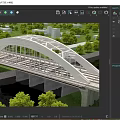 White Steel Arch Railway Bridge Over River With Green Vegetation And Trees