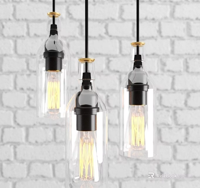 Pendant Lights With Transparent Glass Shades Black And Gold Vintage Filament Bulbs White Brick Wall 3d model 