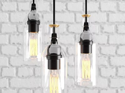 Pendant Lights With Transparent Glass Shades Black And Gold Vintage Filament Bulbs White Brick Wall 3d model