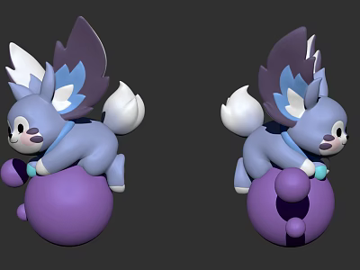 Adorable Blue Plush Toy with White Ears Tail Riding Purple Ball 3d model