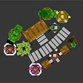 Pixel Style Natural Scene With Green Heart Trees Colorful Flowers Wooden Path And Flower Pots