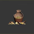 Antique Broken Clay Pot With Gold Coins Scattered Inside And Around