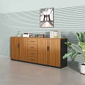 Wooden Office Cabinet With Drawers Doors Topped With Printer Clock Folders Plant Against Striped Wall