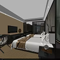 Modern Hotel Guest Room With Double Bed Nightstand Lamp TV Desk And Cozy Atmosphere