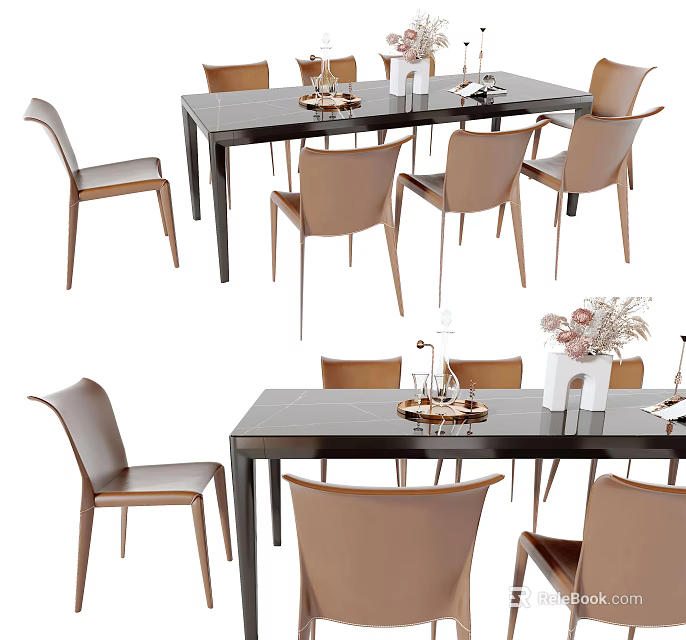 Elegant Modern Dining Table Set With Brown Chairs Black Table And Vase Decor 3d model