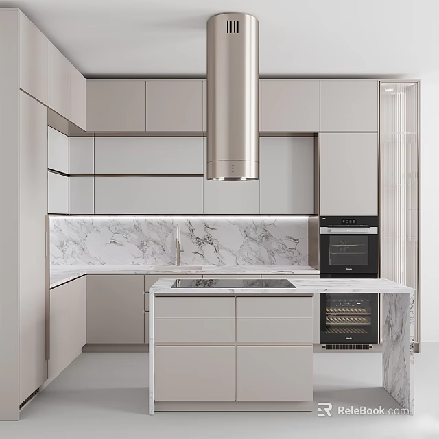 Modern Kitchen Interior With Light Cabinets Oven And Marble Backsplash 3d model 