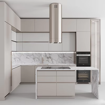 Modern Kitchen Interior With Light Cabinets Oven And Marble Backsplash 3d model